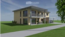 Two-story modern house with a balcony, large windows, and a parking area. The house features a light yellow facade and is surrounded by a well-maintained lawn.