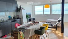 Open-plan living and dining area with modern furniture, including a dining table with chairs, a sofa, and a kitchen area with cabinets and appliances.
