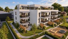 Modern three-story residential building with balconies, surrounded by greenery, playground, and outdoor seating areas.