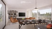 Modern living and dining area with large windows offering a scenic view, featuring a sofa, chairs, dining table, television, bookshelf, and decorative items.