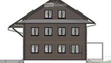 Two-story house with dark brown wooden exterior, multiple windows, and a raised ground floor.