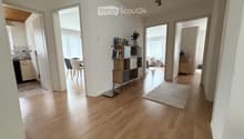 Bright hallway with wooden flooring, leading to multiple rooms including a kitchen, dining area, and living room. Features a small shelf with decorative items and a rug in the center.