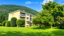 A yellow multi-story building with balconies, surrounded by a well-maintained lawn and trees, with a forested hill in the background.
