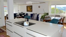 Open-plan living and dining area with a modern kitchen island, sofas, a piano, and large windows offering a scenic view.