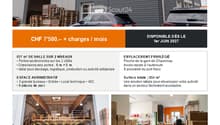 Promotional image for an industrial hall rental in Chavornay, featuring a modern building exterior, interior shots of storage and administrative spaces, and details about the property.