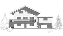 Two story house, flat roof, balcony, garage, stairs, glass windows, entrance