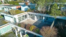 Modern house with a rooftop terrace, surrounded by trees and plants, open patio with outdoor furniture, multiple windows.
