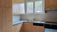 Modern kitchen with wooden cabinets, granite countertop, Bosch appliances, double sink, dishwasher, oven, and view through window