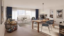 Open-concept living and dining area with large windows, hardwood floors, modern furniture including a wooden dining table with chairs, a sofa, and a coffee table. The room also features a balcony or terrace, artwork on the walls, and decorative accents th