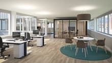 Desks, chairs, modern office interior, windows, large open space