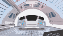 The image shows the interior of a futuristic-looking vehicle or spacecraft. The main focus is a large, curved windshield or display panel with various control panels and buttons surrounding it. The overall design has a sleek, high-tech aesthetic with a mi