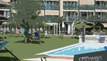 pool villa, front yard, multiple levels, swimming pool, trees