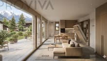 / une maison moderne avec de grandes portes coulissantes en verre ouvrant sur un salon et une cuisine avec vue sur les montagnes / a modern home with large sliding glass doors opening up to a living