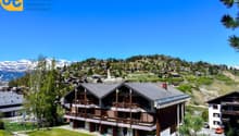 Multi-story wooden chalet-style building with balconies, surrounded by a grassy area and pine trees, with a village and mountains in the background.