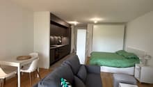 gray couch, white coffee table, white chairs, white table, green bed, pillow, nightstand, lamp, kitchen cabinets, sink, stove, oven