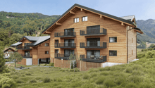 3 story building, wooden exterior, multiple balconies, sloped roof, mountainous surroundings