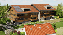 3-story apartment building with orange tile roofs, wooden exterior, balconies, and a parking space in the front
