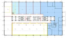 Multiple rooms, entrance, kitchen, dining area, living room, bathrooms, bedrooms, central corridor, stairwells, yellow highlights indicating electrical paths, blue highlighting indicating mechanical areas