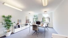 Desk, office chair, computer monitor, computer mouse, white cabinets, office plants