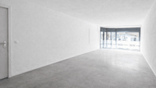 white walls, grey carpet, open door leading to outside, large windows