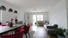 Open-concept living and dining area with hardwood floors, white walls, large windows, glass coffee table, red dining chairs, gray sofa, and hanging pendant lights. The room also features a dishwasher and various potted plants.