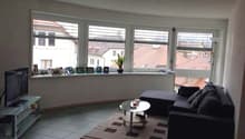 large windows, black couch, coffee table, TV, rug, potted plant
