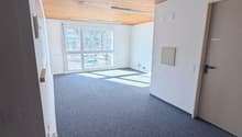 A hallway with wooden ceiling, carpet floor, large window, and white walls