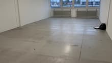 empty room with windows, concrete floor, mounted lights, radiators, white walls