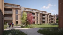 Multiple balcony, modern design, multiple floors, central garden area, surrounded by grass and trees
