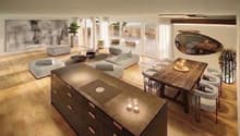 open plan living and dining area, large windows, wooden floor, modern furniture, balcony, large painting, plants