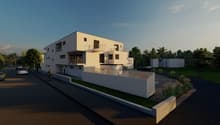 Two story house, modern design, white exterior, balconies on upper level, driveway