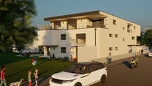 white modern house, large balcony on the first floor, 4 floors, parking, small garden, 2 people standing in front