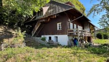 wooden house, wooden staircase, wooden porch, multiple windows, surrounded by grass and trees
