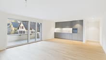 large windows, sliding doors, open space, wooden floor, grey kitchen, modern design