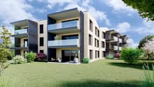 Modern apartment building with multiple balconies, beige exterior, large windows, surrounded by greenery