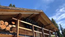 wooden chalet, balcony, wooden roofing, hanging bells