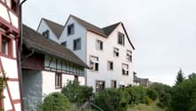 Multi-story building with a mix of traditional half-timbered and modern architectural styles, surrounded by lush greenery and vegetation.