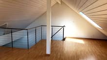 empty attic room, wooden floor, white walls, metal railings, skylight
