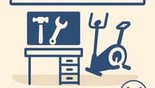An advertisement for a property to rent, featuring a desk with tools and a stationary bike.