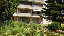 4-story apartment building with balconies, surrounded by lush greenery and a pond with water plants