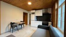 open-plan living room and kitchen, large window, wooden ceiling, dining table, sofa, marble flooring, refrigerator, oven