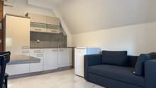 Small kitchen with integrated appliances, tile flooring, modern furniture, sofa bed