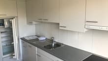 Modern kitchen with white cabinets, gray countertops, stainless steel sink, and a built-in dishwasher