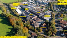 industrial factory with various works, Lagerplatz, business building, warehouse, residential area, residential area with solar panels