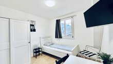 Small room with a bed, bedside table, desk, TV, chair, plant, and wardrobe