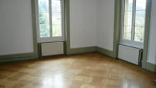 Wooden parquet floor, white walls, two windows with white frames and radiators beneath