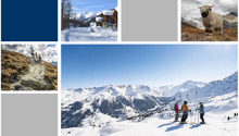 Collage of images showing snowy mountains, a wooden cabin, a sheep, a group of people hiking, and skiers on a mountain