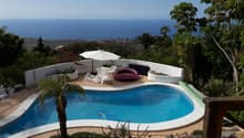 Pool with slide, lounge area with chairs and umbrella, garden with plants and trees, ocean view