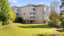 Apartment building, beige bricks, many balconies, glass windows, surrounded by trees