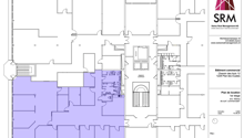 The floor plan shows a commercial building with multiple rooms and spaces. It includes a common area, several offices, and a parking area.